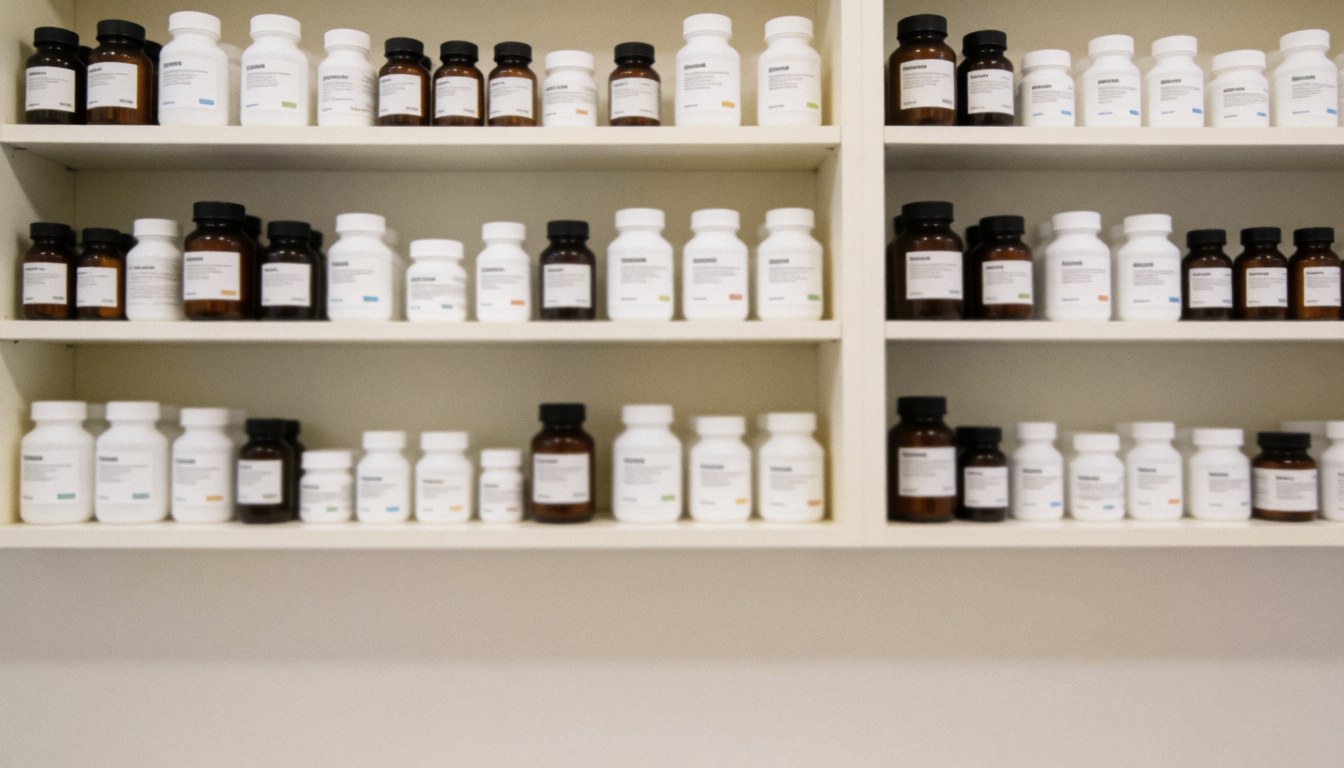 Des étagères en métal supportant divers flacons et bouteilles dans un environnement de laboratoire médical professionnel, offrant un fond neutre et lumineux adapté à la présentation de services de diagnostic.