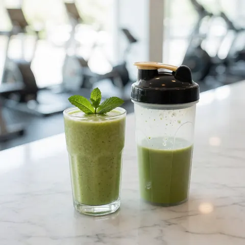 Smoothie vert à la menthe fraîche dans un verre et un mixeur sur un comptoir en marbre, avec un équipement de gym flou en arrière-plan et une lumière naturelle.
