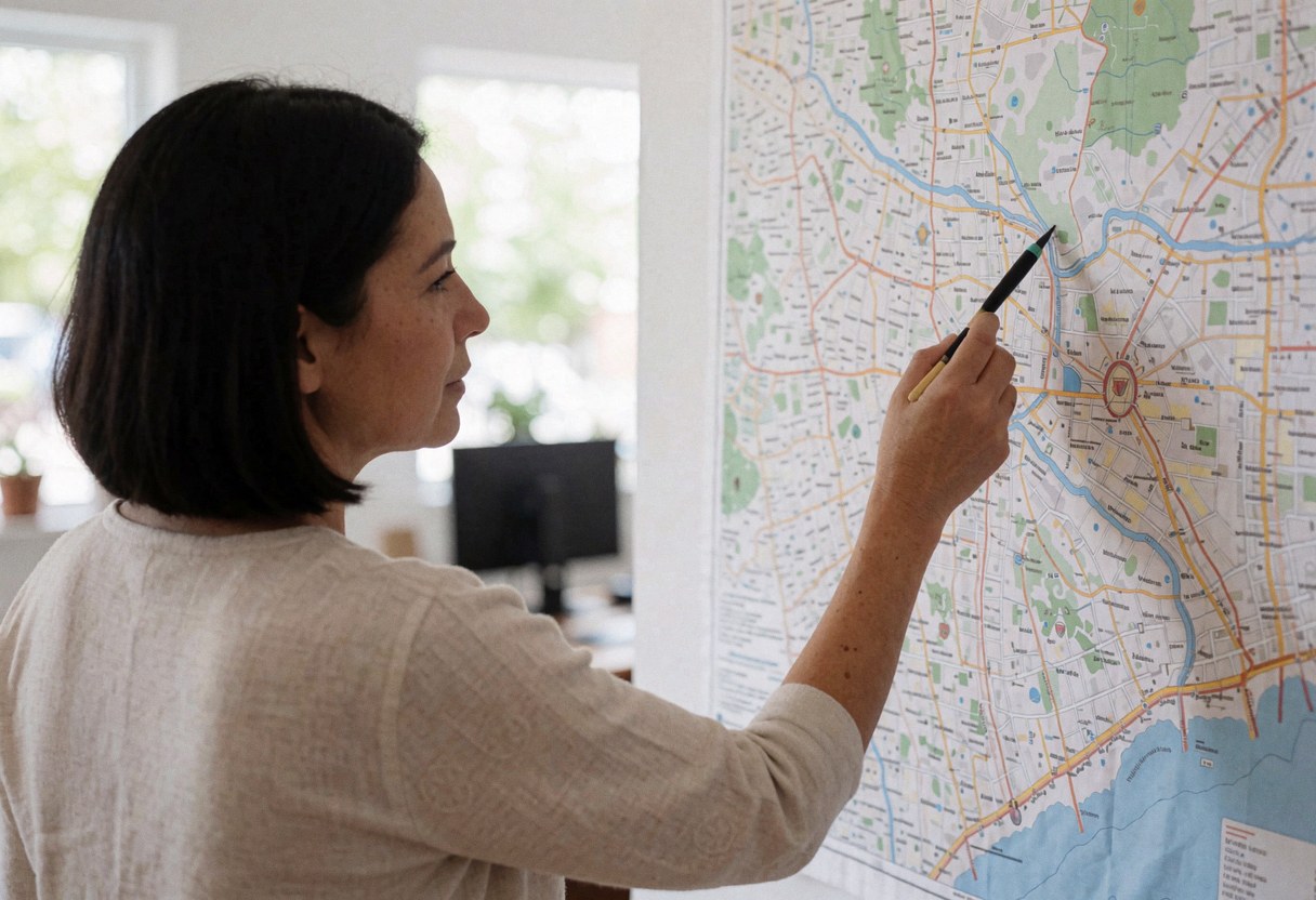 Une professionnelle examine attentivement une carte détaillée sur son bureau pour planifier un itinéraire de voyage.