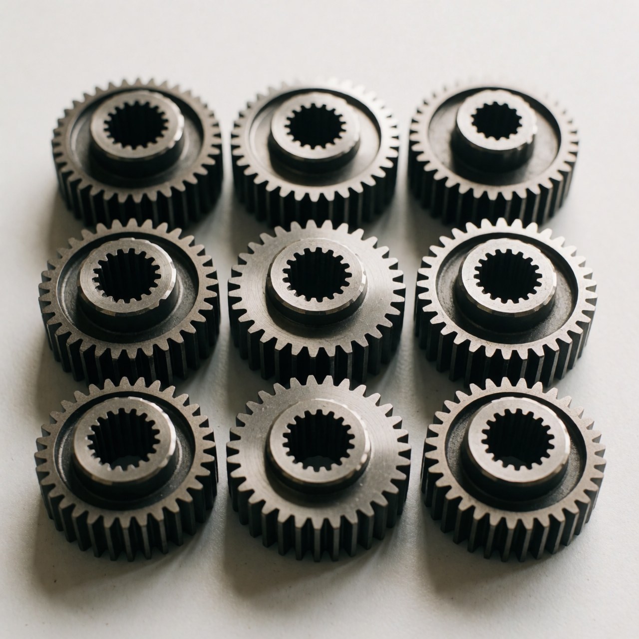 Vue rapprochée d'engrenages métalliques mécaniques de haute précision sur un fond blanc propre pour l'industrie manufacturière.