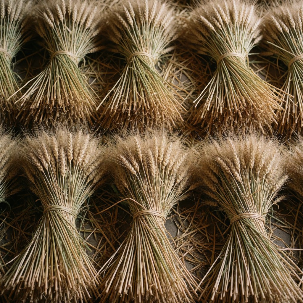 Des faisceaux de blé doré fraîchement récolté, montrant la texture naturelle des épis et des pailles, typique de l'agriculture.