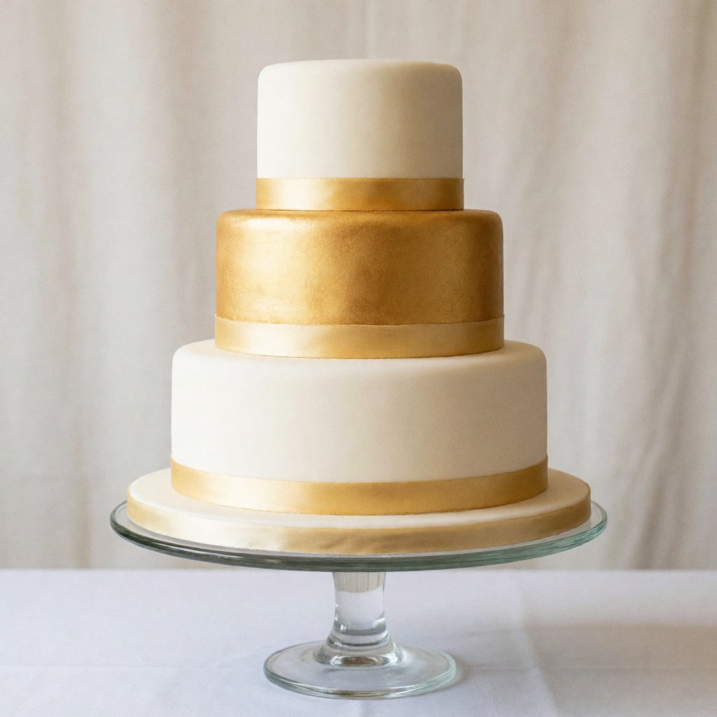 Un gâteau de mariage élégant aux tons pastels orné de détails dorés, posé sur un socle transparent en verre, évoquant une célébration raffinée et festive.