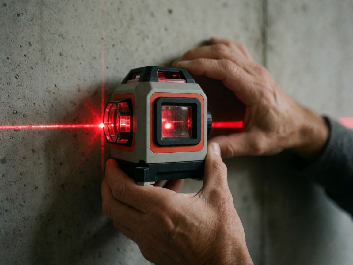 Mains tenant un niveau laser qui projette une ligne rouge sur un mur en béton, outil de précision pour les travaux de construction.