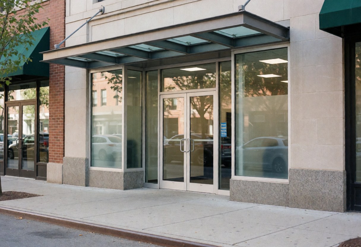 Façade d'un établissement de sécurité moderne avec portes vitrées renforcées, auvent contemporain et trottoir propre.