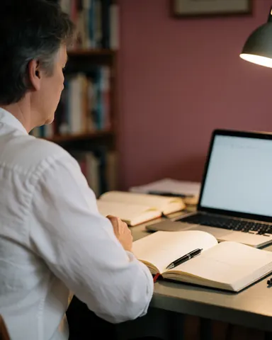 Un consultant est assis à un bureau avec un ordinateur portable, des livres sur une étagère et une lampe.