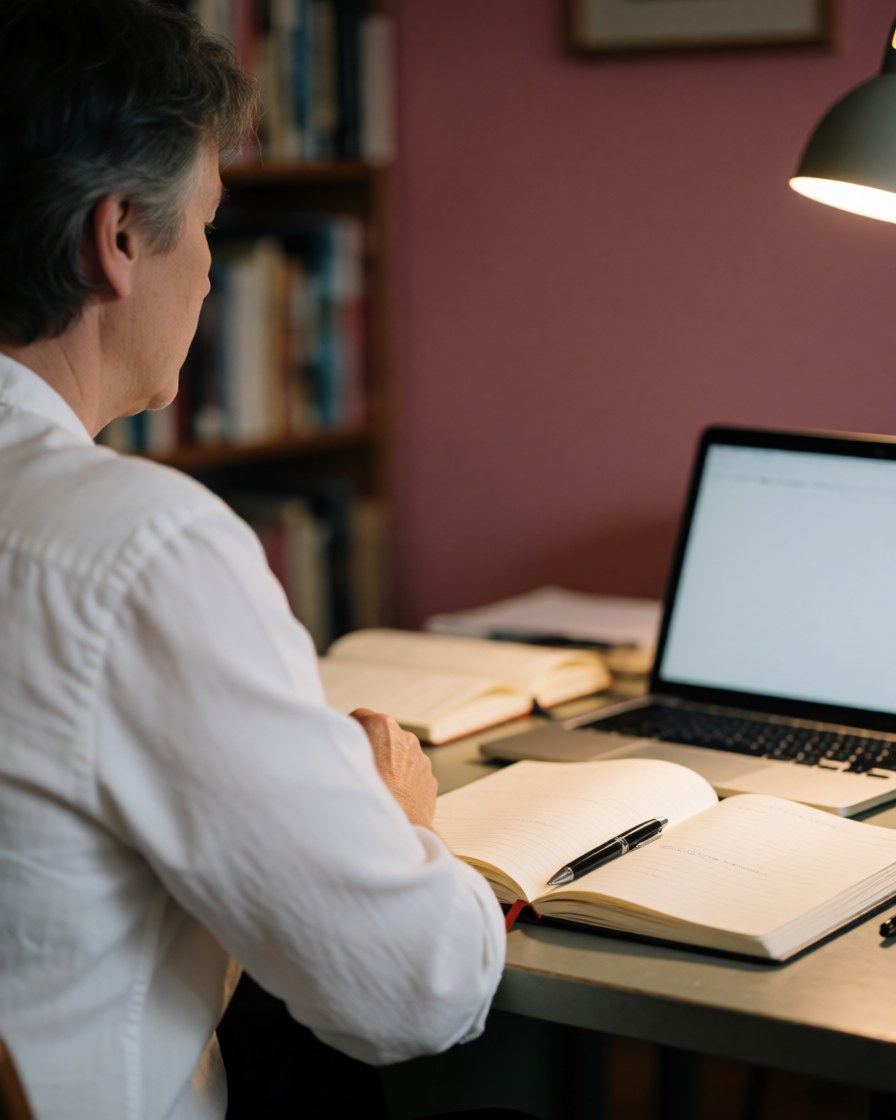 Un consultant est assis à un bureau avec un ordinateur portable, des livres sur une étagère et une lampe.