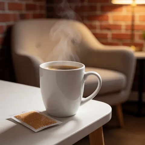 Tasse blanche contenant du café chaud et de la vapeur, accompagnée d'un paquet de sucre, posée sur une table blanche avec une chaise beige et un mur de briques rouges en arrière-plan.