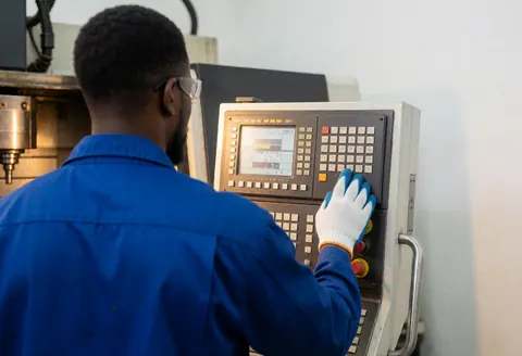 Un technicien en uniforme bleu et gants de sécurité utilise une machine CNC avec un panneau digital visible dans un environnement industriel à murs blancs.