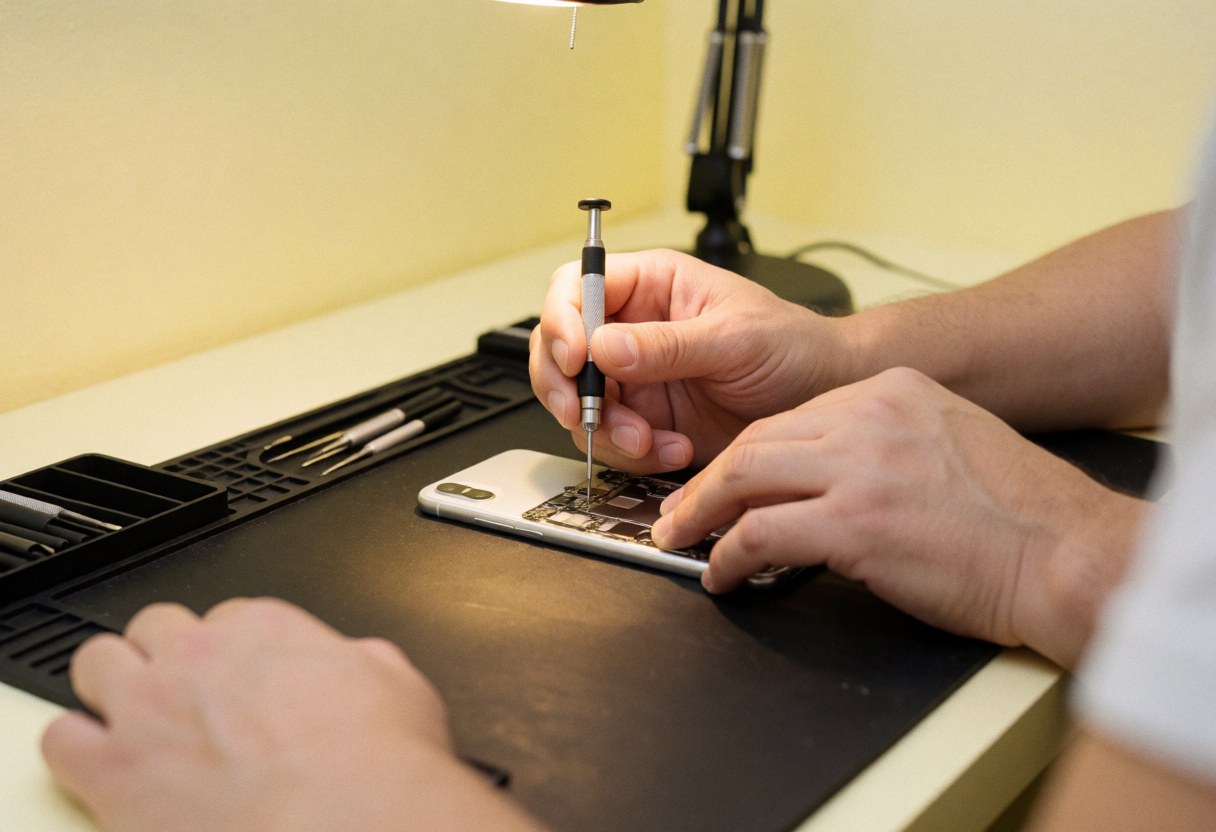 Technicien effectuant une réparation sur un téléphone portable avec des outils spécialisés.