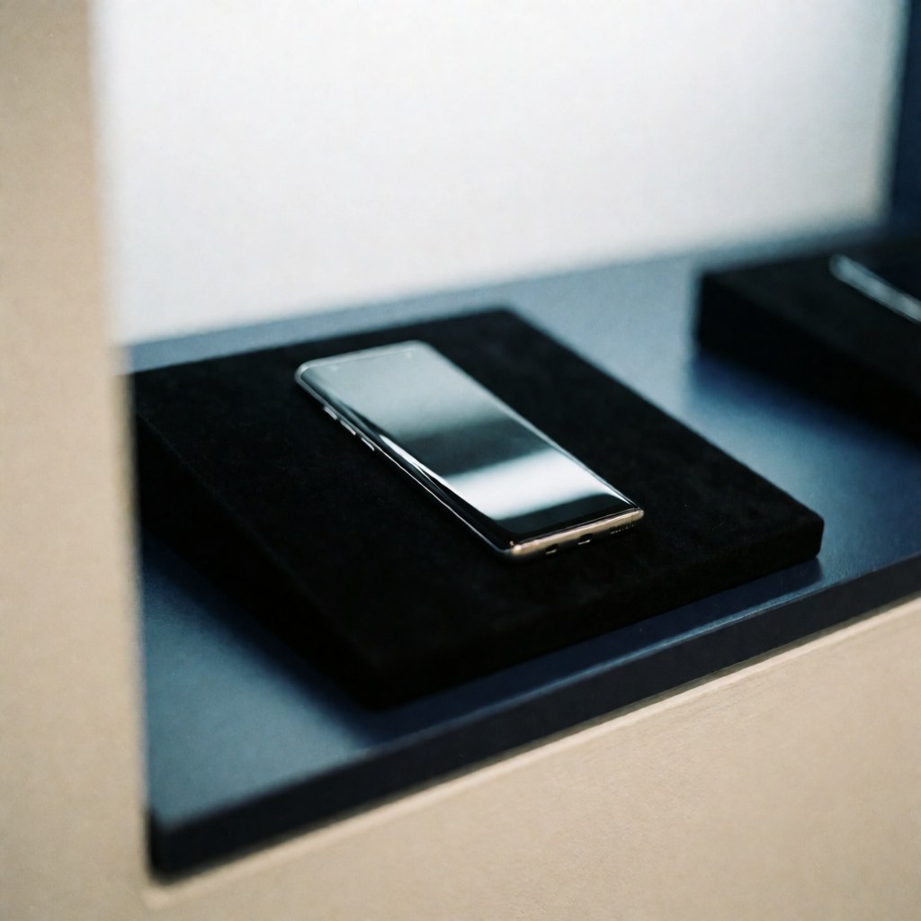 Un smartphone Samsung Galaxy de couleur noire est posé sur une surface blanche, mettant en valeur son écran et ses bordures métalliques dans un style minimaliste et moderne.