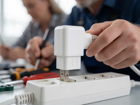 Main insérant un adaptateur blanc dans une prise électrique blanche, avec des outils et un atelier flou en arrière-plan.