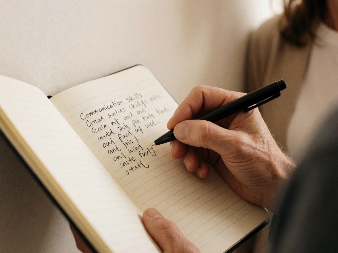 Une main adulte prend des notes sur la communication avec un stylo dans un cahier, éclairage naturel et fond blanc pour les ressources humaines.
