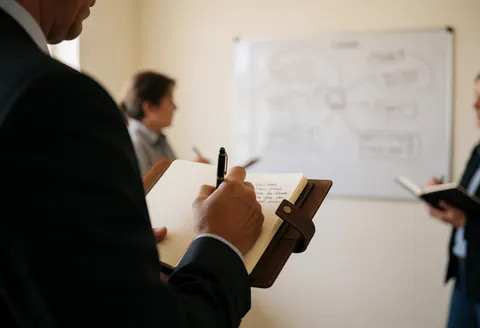 Un professionnel note dans un cahier lors d'une réunion, avec un tableau blanc et des diagrammes visibles derrière lui.