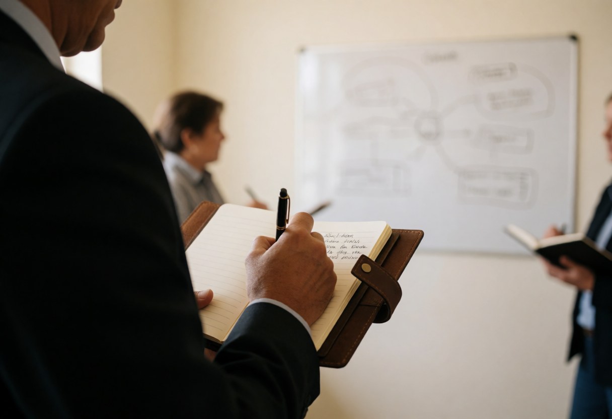 Un professionnel note dans un cahier lors d'une réunion, avec un tableau blanc et des diagrammes visibles derrière lui.