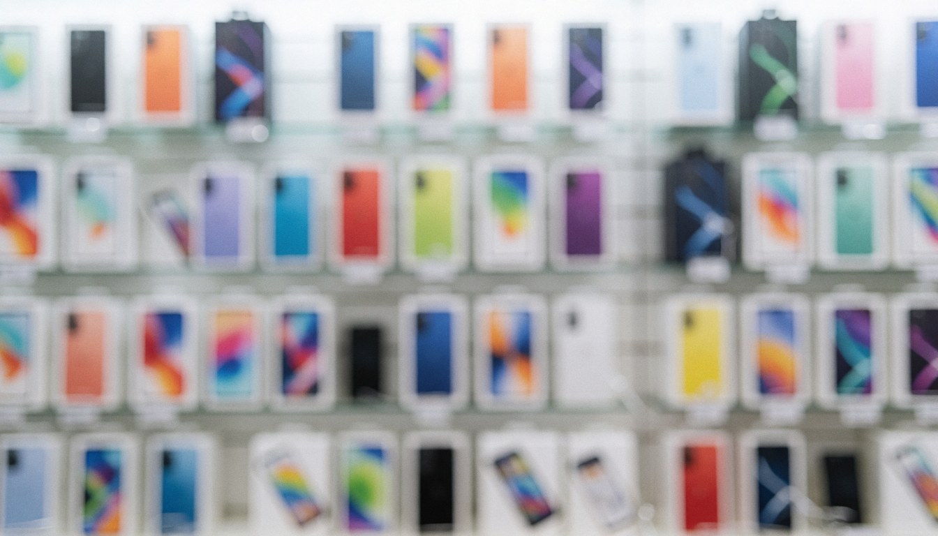 Fond de magasin avec des boîtes de téléphones défocusées, effet bokeh aux couleurs vives, idéal pour textes promotionnels sur sites web ou réseaux sociaux.
