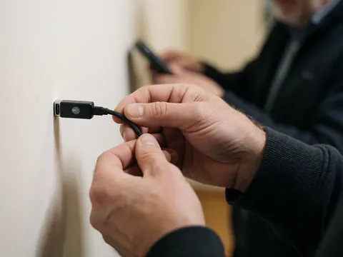 Mains connectant un câble de charge Motorola à un port USB sur un mur blanc, détail de la connexion et du câble tressé, éclairage professionnel et mur chaleureux.