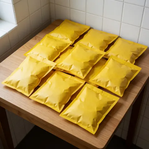 Des graines de maïs disposées sur une surface blanche avec des éléments en bois et des carreaux, évoquant l'agriculture et la production alimentaire.