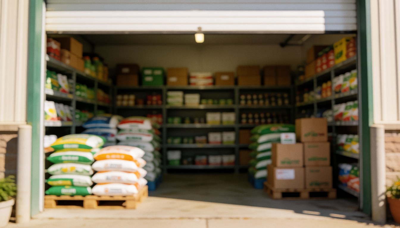 Arrière-plan flou d'un magasin intérieur avec étagères, sacs de semences et de fertilisant, portes de garage et produits agricoles pour texte commercial.