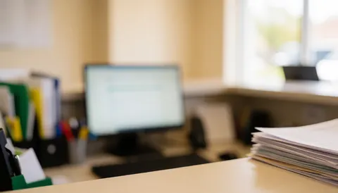 Vue d'un bureau organisé avec un ordinateur, une pile de papiers et une lumière chaude sur fond neutre.