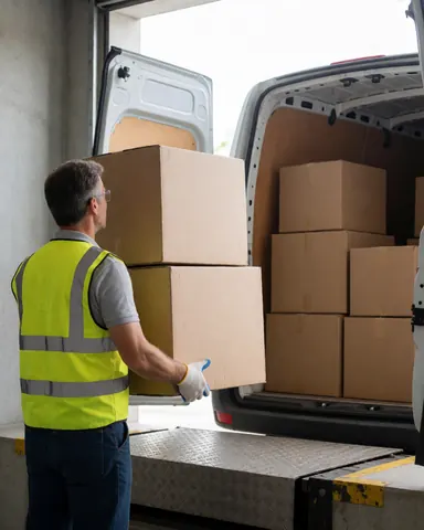 Un ouvrier en gilet jaune charge des boîtes en carton dans un camion blanc au sein d'un entrepôt éclairé par la lumière naturelle.