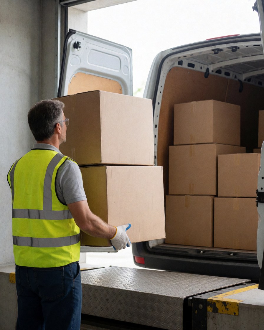 Un ouvrier en gilet jaune charge des boîtes en carton dans un camion blanc au sein d'un entrepôt éclairé par la lumière naturelle.