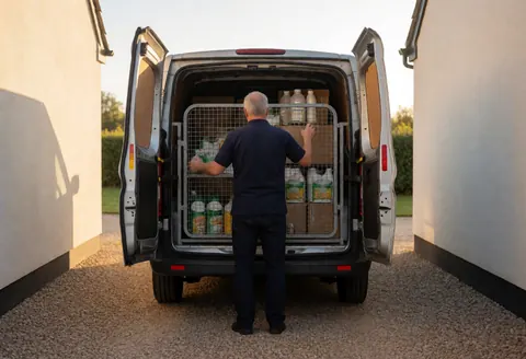 Un homme ajuste la porte arrière d'un camion chargé de produits agricoles sur une surface en gravier, avec des murs blancs et une lumière dorée du coucher de soleil.