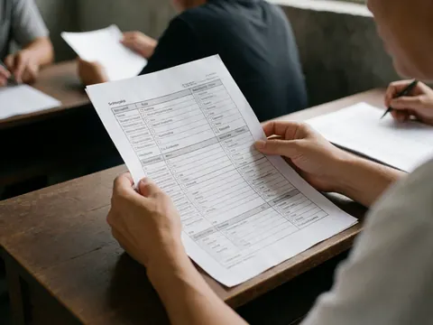 Vue rapprochée d'un formulaire de demande de bourse universitaire posé sur un bureau en bois, accompagné de documents et d'un stylo.
