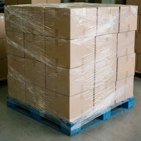 Une palette en bois chargée de cartons prêts à être expédiés dans un entrepôt industriel.