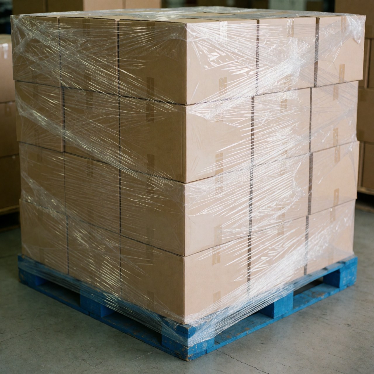 Une palette en bois chargée de cartons prêts à être expédiés dans un entrepôt industriel.