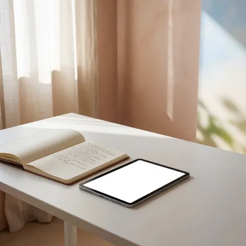 Bureau blanc dans un cabinet de psychologie avec un carnet ouvert et une tablette, lumière naturelle, murs terracotta, espace pour texte.