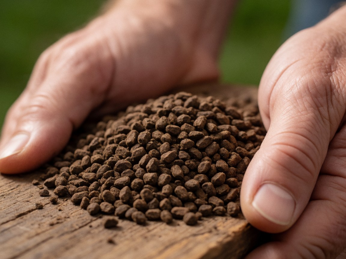 Vue rapprochée de granulés d'engrais organique tenus dans la main pour illustrer les produits agricoles naturels.