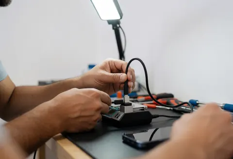 Un technicien branche un câble USB-C sur un dock de diagnostic posé sur une table de travail, entouré d'outils et éclairé par une lumière LED.