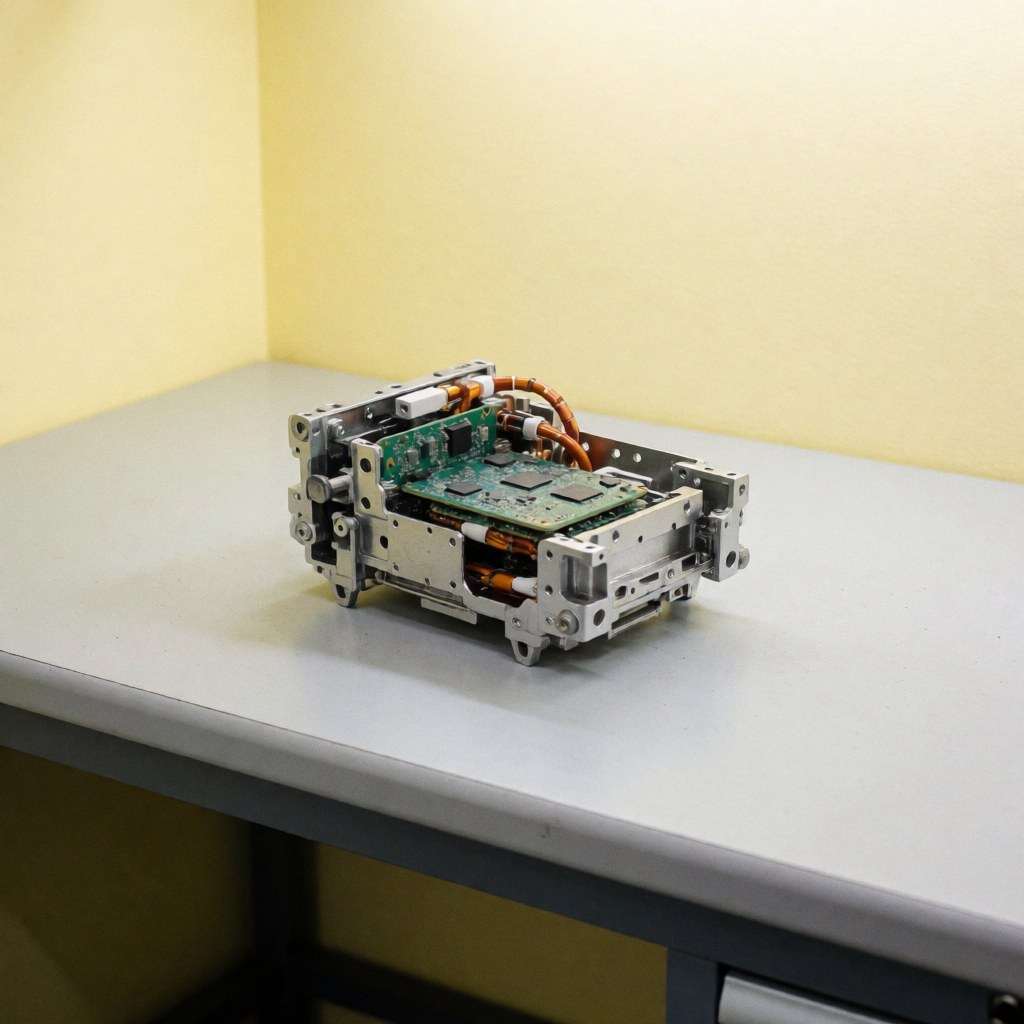 Un sous-ensemble métallique avec circuits et câbles repose sur une table grise. Les murs sont jaune clair. L'éclairage est neutre et professionnel, idéal pour montrer des produits industriels.
