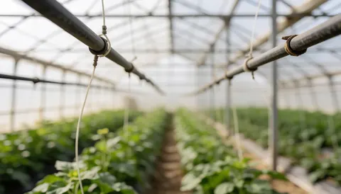 Fond de serre avec plantes vertes et tuyaux d'irrigation, idéal pour textes, ambiance agricole et naturelle.