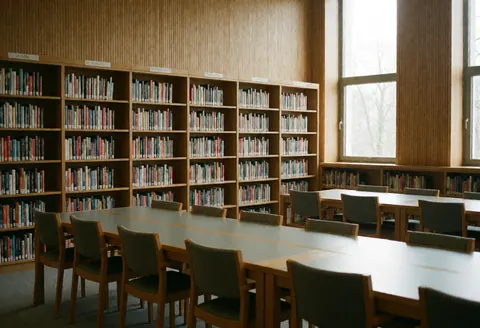 Bibliothèque universitaire équipée d'étagères en bois, de longues tables et de chaises, baignée de lumière naturelle, idéale pour étudier et lire dans le calme.
