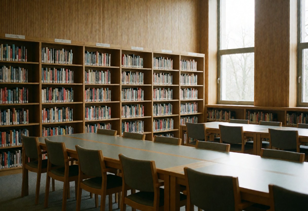 Bibliothèque universitaire équipée d'étagères en bois, de longues tables et de chaises, baignée de lumière naturelle, idéale pour étudier et lire dans le calme.