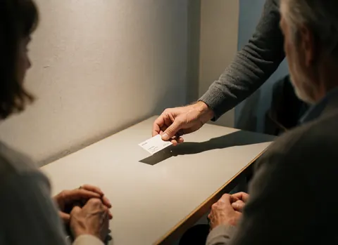 Une main adulte dépose une carte de visite sur une table de bureau, éclairage chaud et mur gris, scène professionnelle réaliste.