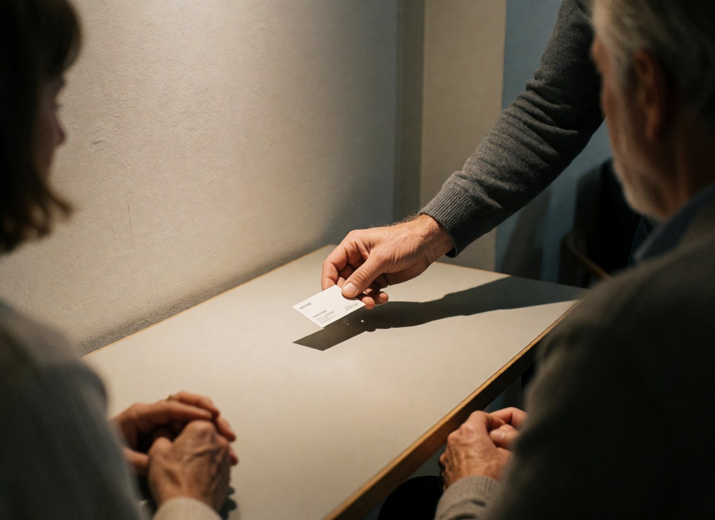 Une main adulte dépose une carte de visite sur une table de bureau, éclairage chaud et mur gris, scène professionnelle réaliste.