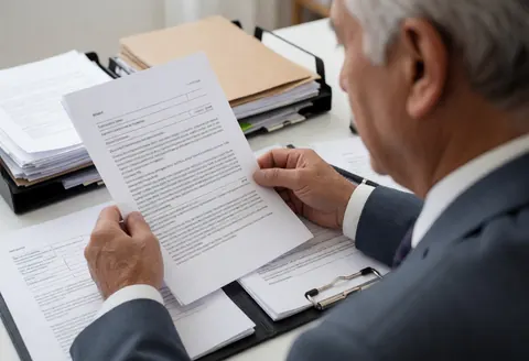 Un avocat âgé en costume examine des papiers et des dossiers sur un bureau dans un environnement professionnel sérieux.