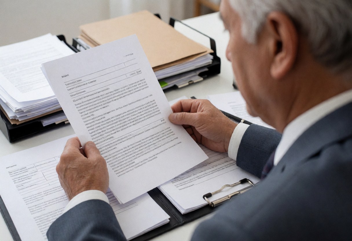 Un avocat âgé en costume examine des papiers et des dossiers sur un bureau dans un environnement professionnel sérieux.
