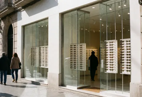 Façade d'une optique moderne à Barcelone avec de grandes baies vitrées, des présentoirs contenant des montures de lunettes et quelques piétons circulant dans la rue.