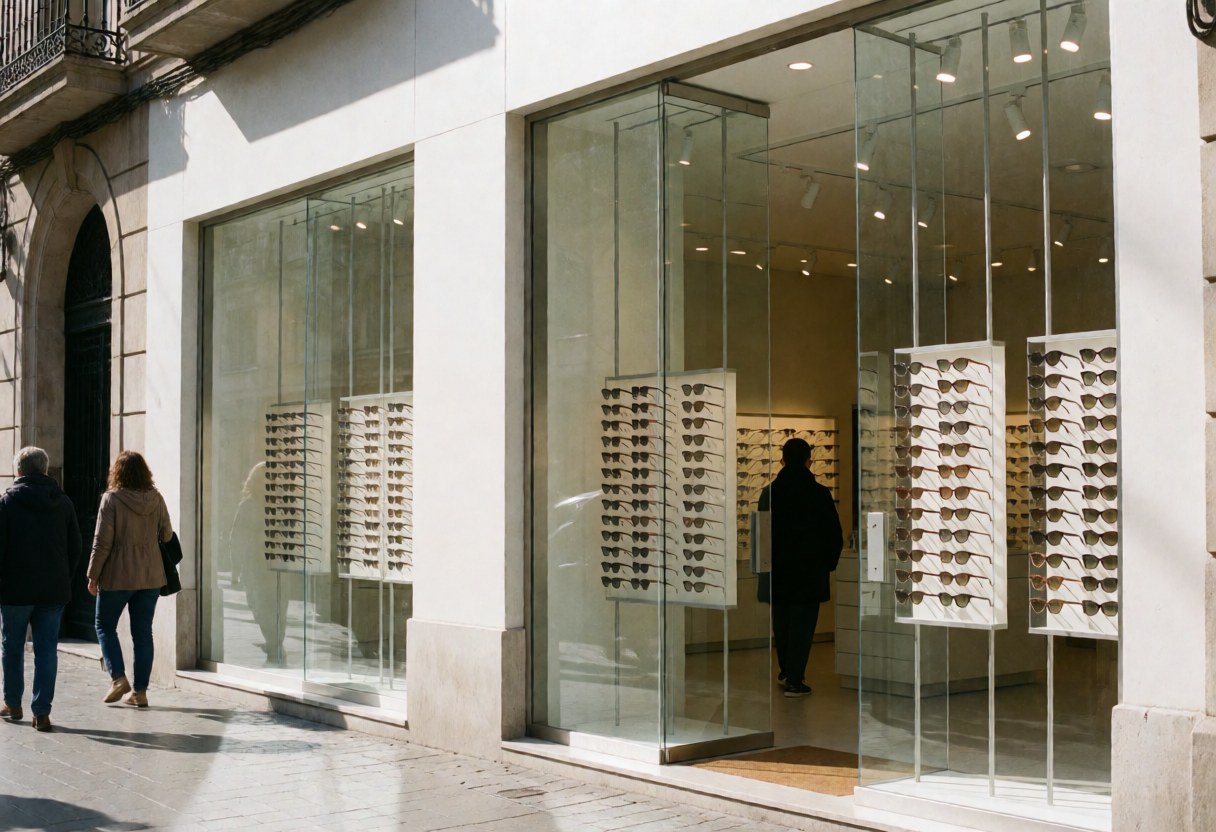 Façade d'une optique moderne à Barcelone avec de grandes baies vitrées, des présentoirs contenant des montures de lunettes et quelques piétons circulant dans la rue.