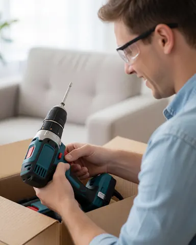 Un homme souriant tient une perceuse électrique dans un intérieur lumineux, prêt à commencer un nouveau projet de bricolage pour la maison.