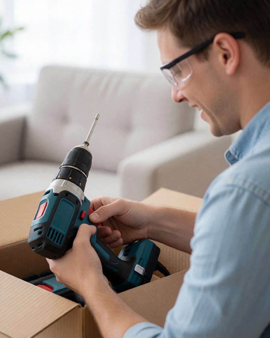 Un homme souriant tient une perceuse électrique dans un intérieur lumineux, prêt à commencer un nouveau projet de bricolage pour la maison.