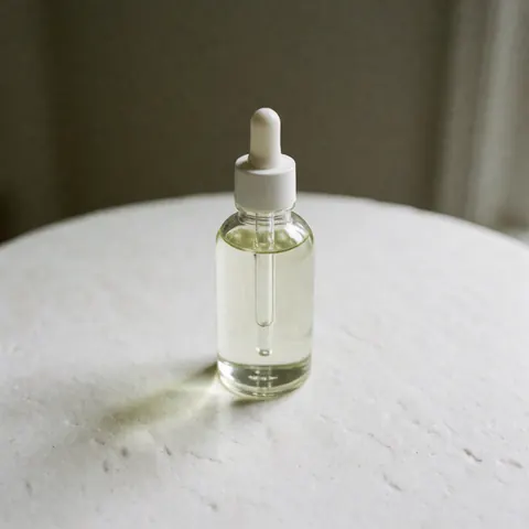 Une bouteille en verre contenant de l'huile de massage biologique, équipée d'un distributeur à pompe, posée sur une surface claire et propre.