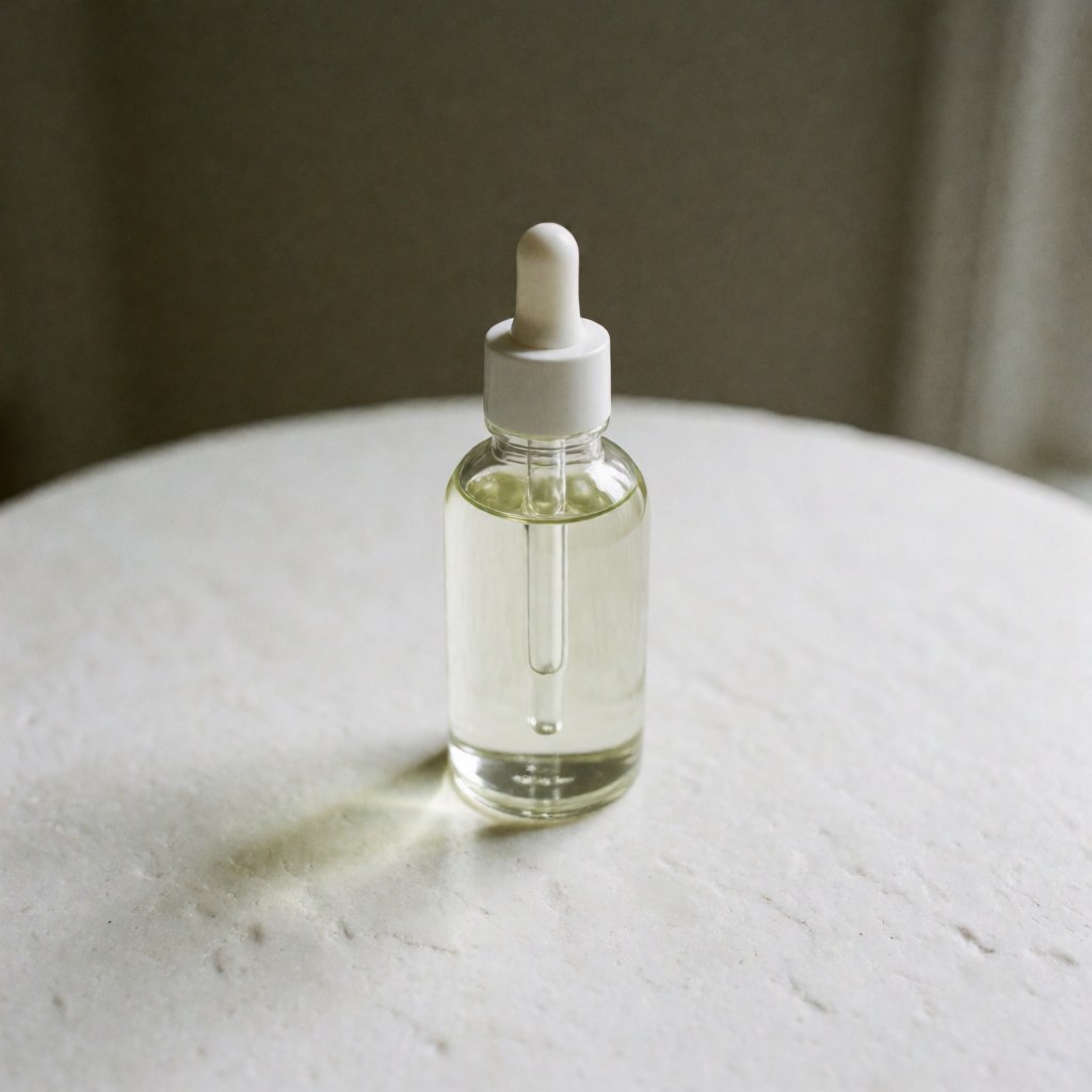 Une bouteille en verre contenant de l'huile de massage biologique, équipée d'un distributeur à pompe, posée sur une surface claire et propre.