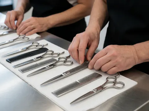 Outils de toilettage pour chiens disposés sur une table en acier inoxydable, mains travaillant avec précision dans un environnement professionnel lumineux et propre.