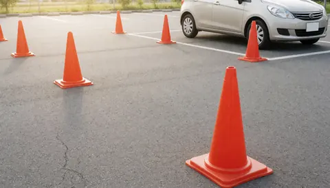 Aire de pratique d'auto-école avec des cônes orange et une voiture stationnée, idéale pour illustrer les services de conduite et la formation.
