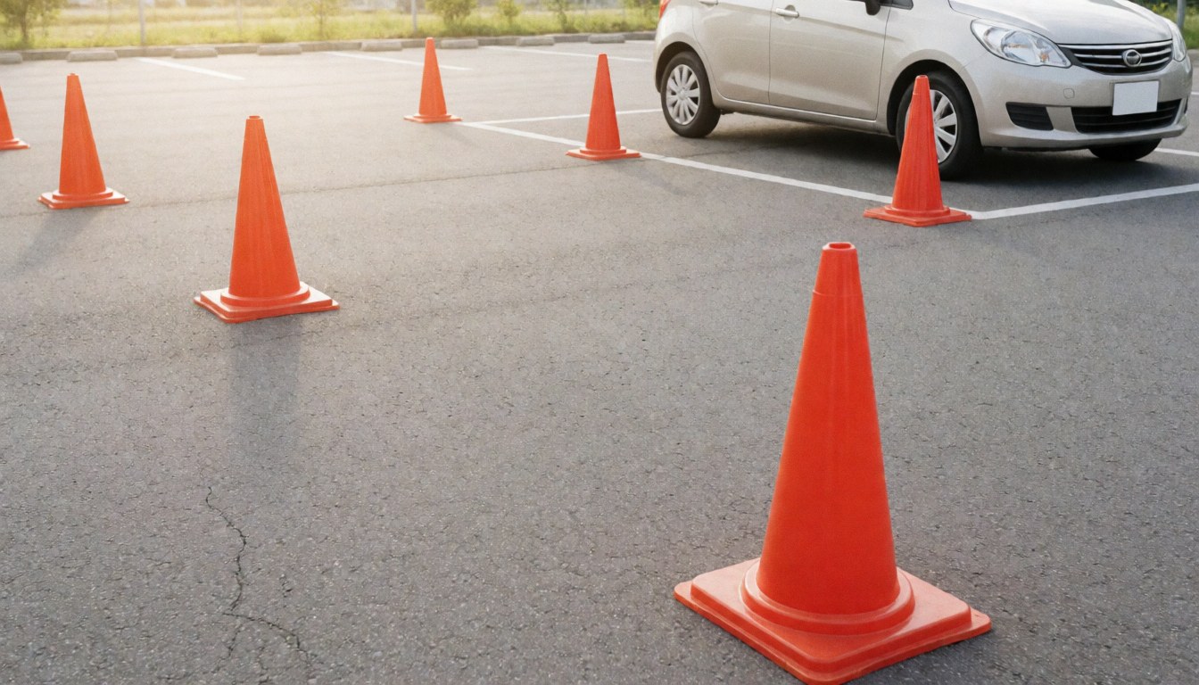Aire de pratique d'auto-école avec des cônes orange et une voiture stationnée, idéale pour illustrer les services de conduite et la formation.