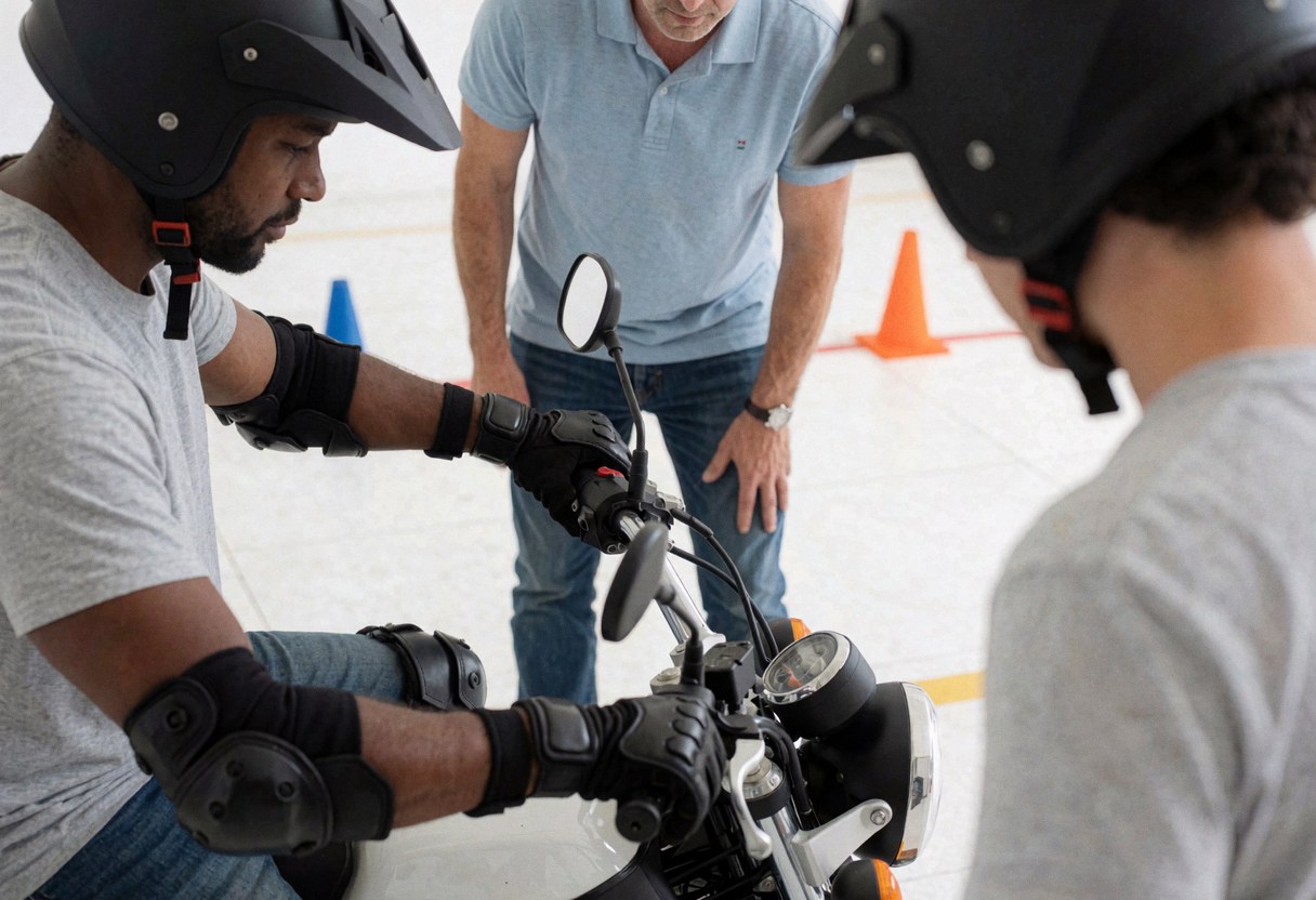 Un élève en tenue de protection complète suit une leçon pratique de conduite de moto sous la supervision d'un instructeur dans un parcours délimité par des cônes.